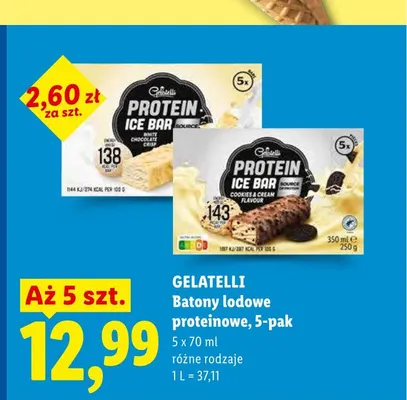 Batony lodowe proteinowe Gelatelli Cookies & Cream 5-pak promocja w Lidl