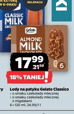 Lody na patyku Gelato Classico o smaku czekolady mlecznej 6-pak promocja w Netto