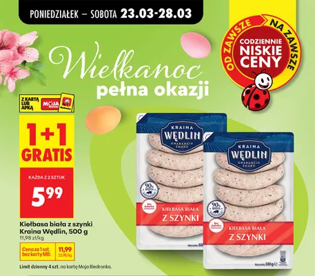 Kiełbasa biała z szynki 1+1 GRATIS promocja w Biedronka