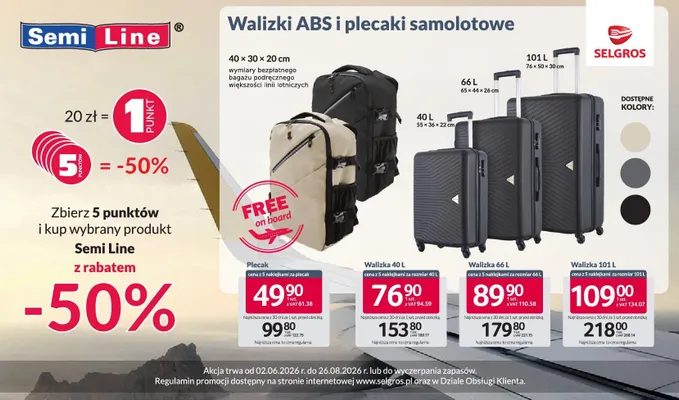 Walizki ABS i plecaki samolotowe promocja w Selgros