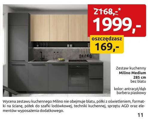 Zestaw kuchenny Milino Medium 285cm bez blatu antracyt/dąb barbera piaskowy promocja w Black Red White