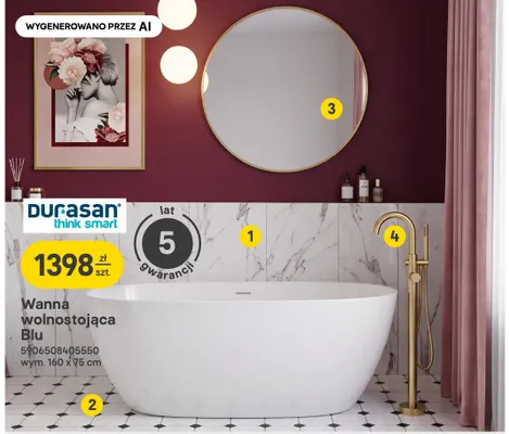 Wanna wolnostojąca Durasan Blu 160x75 cm promocja w Castorama