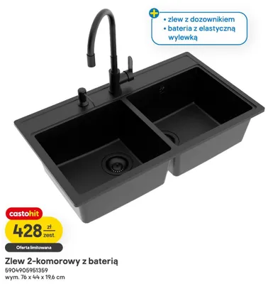 Zlew 2-komorowy z baterią wym. 76x44x19,6cm promocja w Castorama