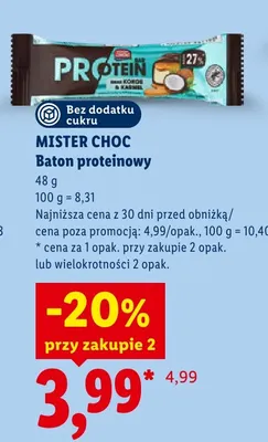 Baton proteinowy Mister Choc Kokos & Karmel bez dodatku cukru promocja w Lidl