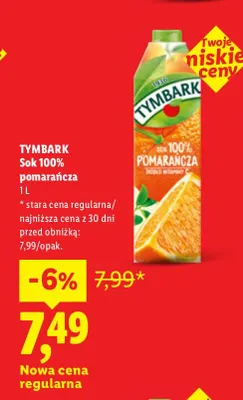 Sok pomarańcza Tymbark 100% promocja w Lidl