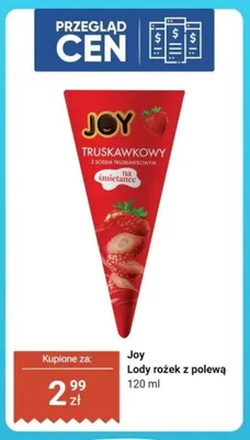 Lody rożek Joy z polewą truskawkową promocja w Dino