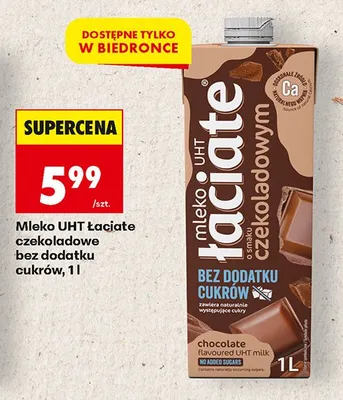 Mleko UHT Łaciate czekoladowe bez dodatku cukrów promocja w Biedronka