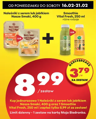 Zestaw: naleśniki z serem lub jabłkiem + smoothie 250 ml, różne rodzaje promocja w Biedronka