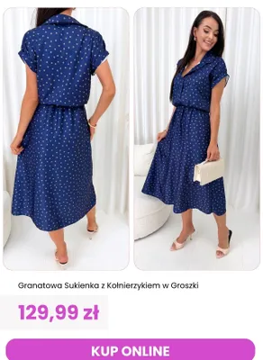 Sukienka z kołnierzykiem w groszki granatowa ModnaKiecka.pl promocja w Modna Kiecka