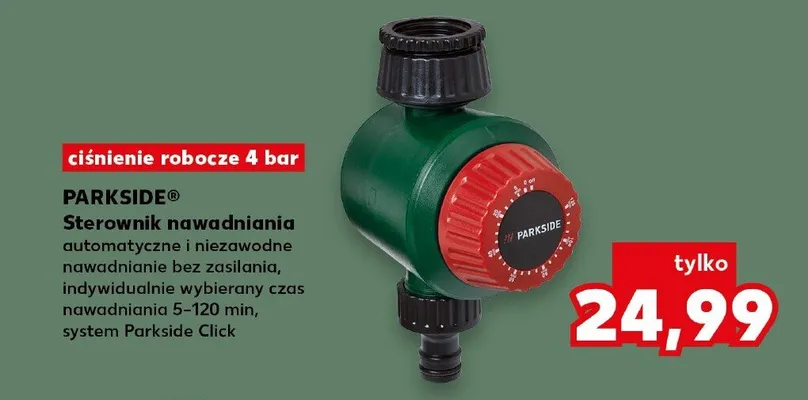 Sterownik nawadniania Parkside automatyczny bez zasilania czas nawadniania 5-120 min system Parkside Click ciśnienie robocze 4 bar promocja w Kaufland