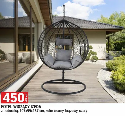 Fotel wiszący Jzeda z poduszką, 107x99x187 cm, kolor czarny, brązowy, szary promocja w Merkury Market