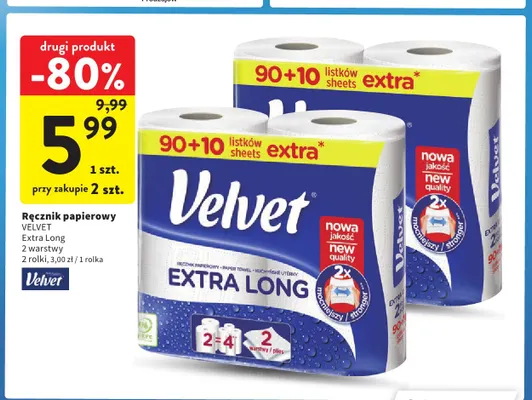 Ręcznik papierowy Extra Long 2-pak Velvet promocja w Intermarche