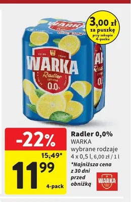 Piwo bezalkoholowe Warka Radler 0,0% Cytryna 4-pak 500ml promocja w Intermarche