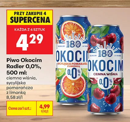Piwo bezalkoholowe Okocim Radler ciemna wiśnia promocja w Biedronka