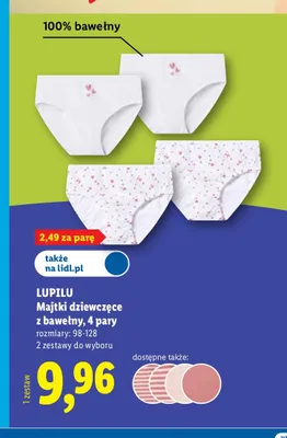 Majtki dziewczęce z bawełny Lupilu 4-pak promocja w Lidl