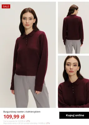 Burgundowy sweter z kołnierzykiem Greenpoint promocja w Greenpoint