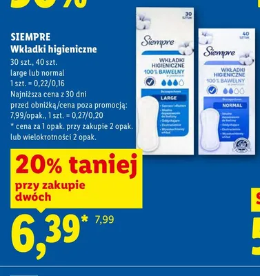 Wkładki higieniczne Siempre Normal promocja w Lidl