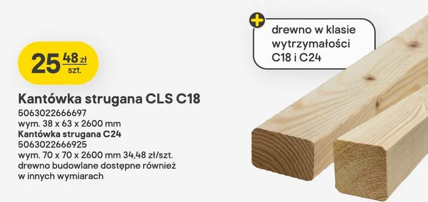 Kantówka strugana CLS C18 38x63x2600mm promocja w Castorama
