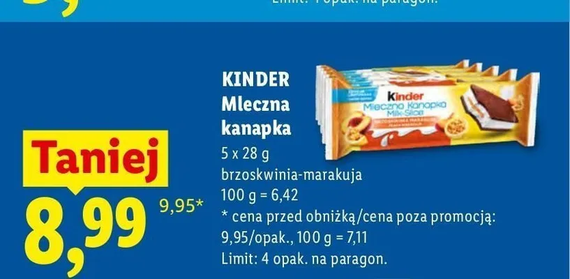 Mleczna kanapka Kinder brzoskwinia-marakuja 5-pak promocja w Lidl