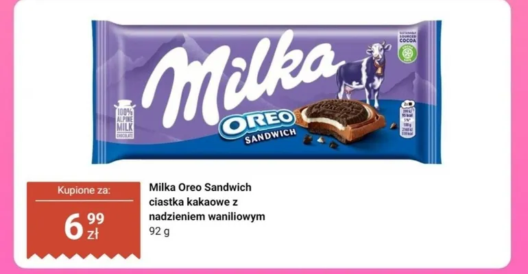Ciastka kakaowe z nadzieniem waniliowym Milka Oreo Sandwich promocja w Biedronka