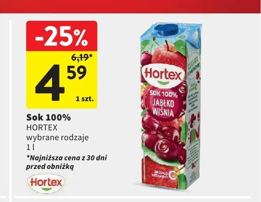 Sok 100% jabłko wiśnia Hortex promocja w Intermarche