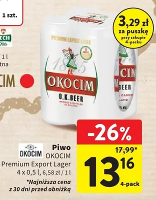 Piwo Okocim Premium Export Lager 4-pak 500ml promocja w Intermarche