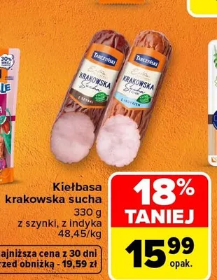 Kiełbasa krakowska sucha z indyka Tarczyński promocja w Carrefour