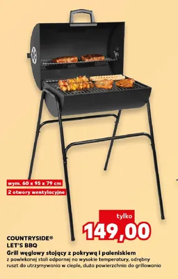 Grill węglowy stojący z pokrywą i paleniskiem COUNTRYSIDE LET'S BBQ wym. 60x95x79cm promocja w Kaufland