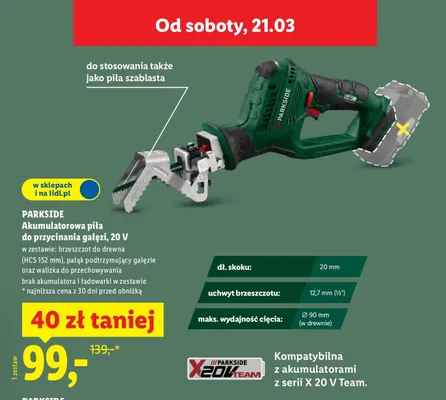 Piła akumulatorowa do przycinania gałęzi 20V Parkside promocja w Lidl