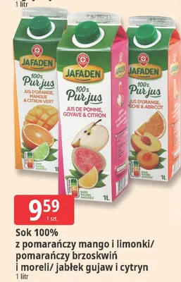 Sok 100% z pomarańczy mango i limonki/pomarańczy brzoskwiń i moreli/jabłek gujaw i cytryn promocja w Leclerc