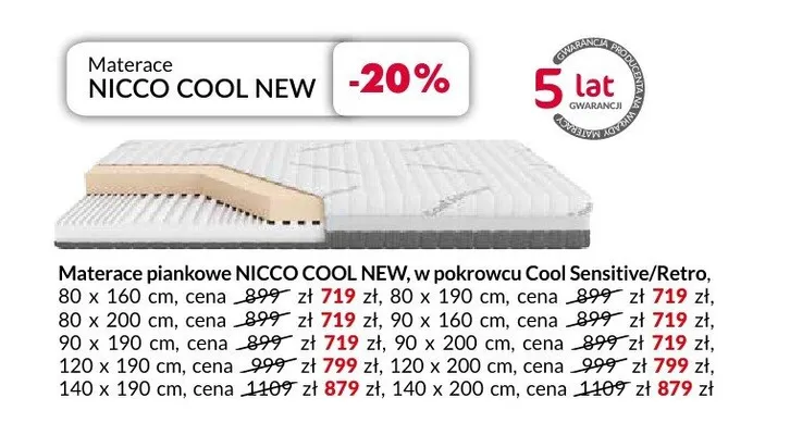 Materac piankowy NICCO COOL NEW 80x160 cm promocja w Salony Agata