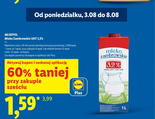 Mleko Zambrowskie UHT 3,2% Mlekpol promocja w Lidl