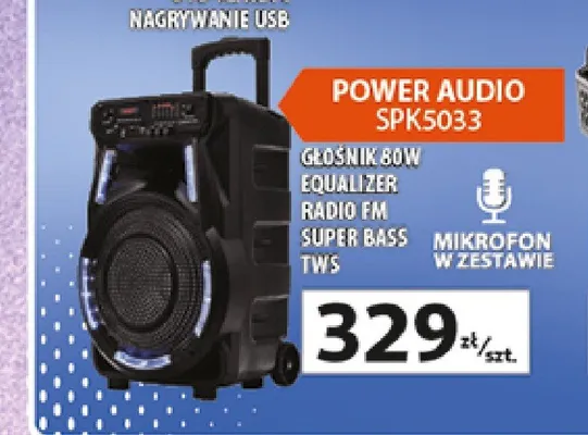 Power Audio Manta SPK5033 głośnik 80W equalizer radio FM super bass TWS mikrofon w zestawie promocja w Auchan
