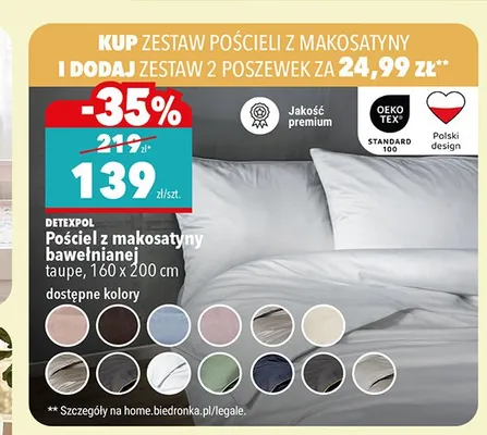 Pościel z makosatyny bawełnianej DETEXPOL taupe 160x200cm promocja w Biedronka