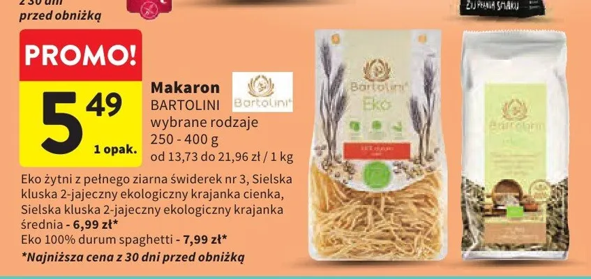 Makaron Eko żytni z pełnego ziarna świderek nr 3 Bartolini promocja w Intermarche