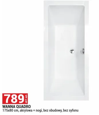 Wanna Quadro 175x80cm, akrylowa + nogi, bez obudowy, bez syfonu promocja w Merkury Market