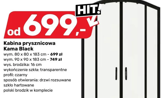 Kabina prysznicowa Kama Black promocja w Bricomarche