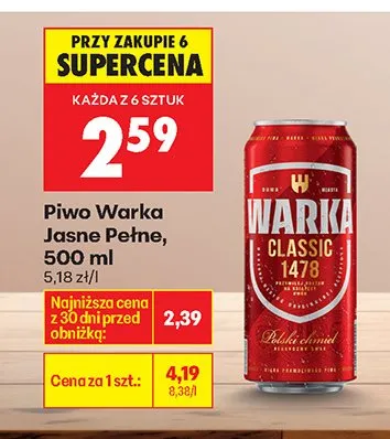 Piwo Warka Classic Jasne Pełne 500 ml promocja w Biedronka