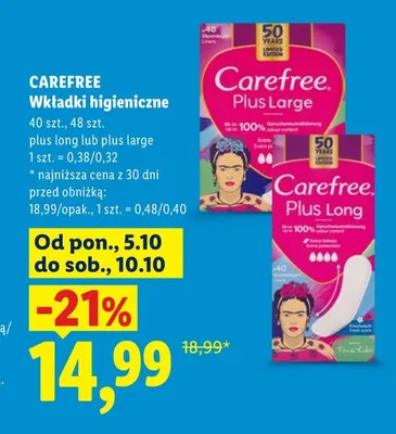 Wkładki higieniczne plus long Carefree promocja w Lidl