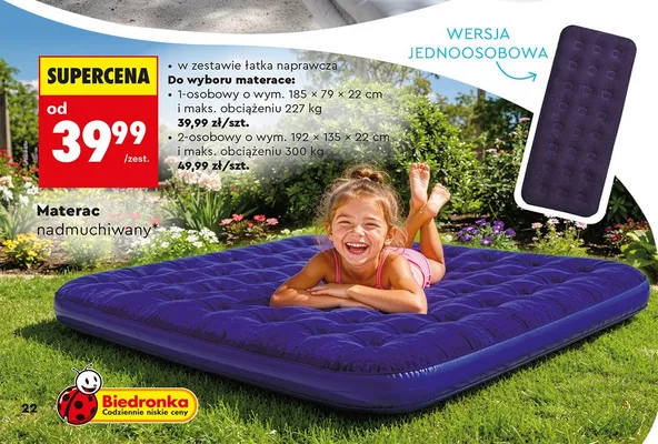 Materac nadmuchiwany 1-osobowy 185x79x22cm promocja w Biedronka