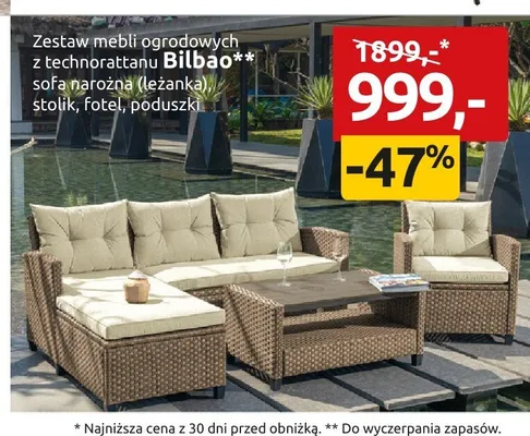 Zestaw mebli ogrodowych z technorattanu Bilbao sofa narożna (leżanka), stolik, fotel, poduszki promocja w Black Red White