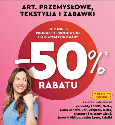 Artykuły przemysłowe, tekstylia i zabawki -50% przy zakupie 3 promocja w Biedronka