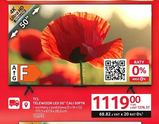 Telewizor LED TCL 50'' 50P7K 4K Ultra HD 3840x2160 111,1x67,9x28,0cm promocja w Selgros