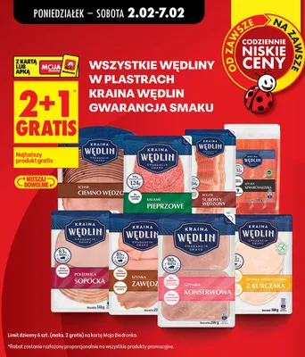Wszystkie wędliny w plastrach Gwarancja Smaku 2+1 GRATIS promocja w Biedronka