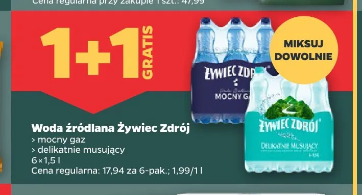 Woda źródlana gazowana Żywiec Zdrój mocny gaz 6-pak 1,5 l promocja w Netto