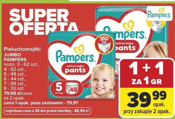 Pieluchomajtki Jumbo Active Baby Pants rozm. 3 - 62 szt. promocja w Carrefour Market