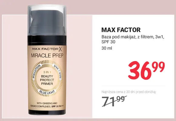 Baza pod makijaż Max Factor Miracle Prep 3w1 SPF 30 promocja w Rossmann