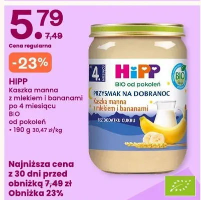 Kaszka manna z mlekiem i bananami po 4 miesiącu BIO HiPP od pokoleń promocja w Frisco