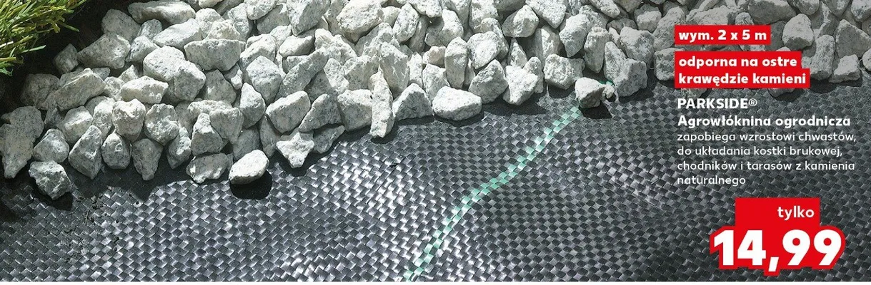 Agrowłóknina ogrodnicza zapobiega wzrostowi chwastów, do układania kostki brukowej, chodników i tarasów z kamienia naturalnego wym. 2x5m odporna na ostre krawędzie kamieni promocja w Kaufland