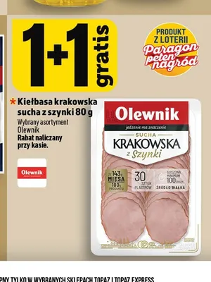 Kiełbasa krakowska sucha z szynki Olewnik promocja w TOPAZ